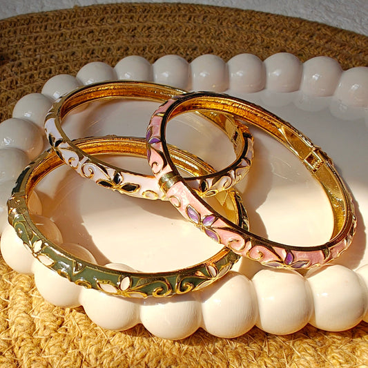 Floral Vines Enamel Bangles for Thin Wrist (Set of 2) - Pink & Green