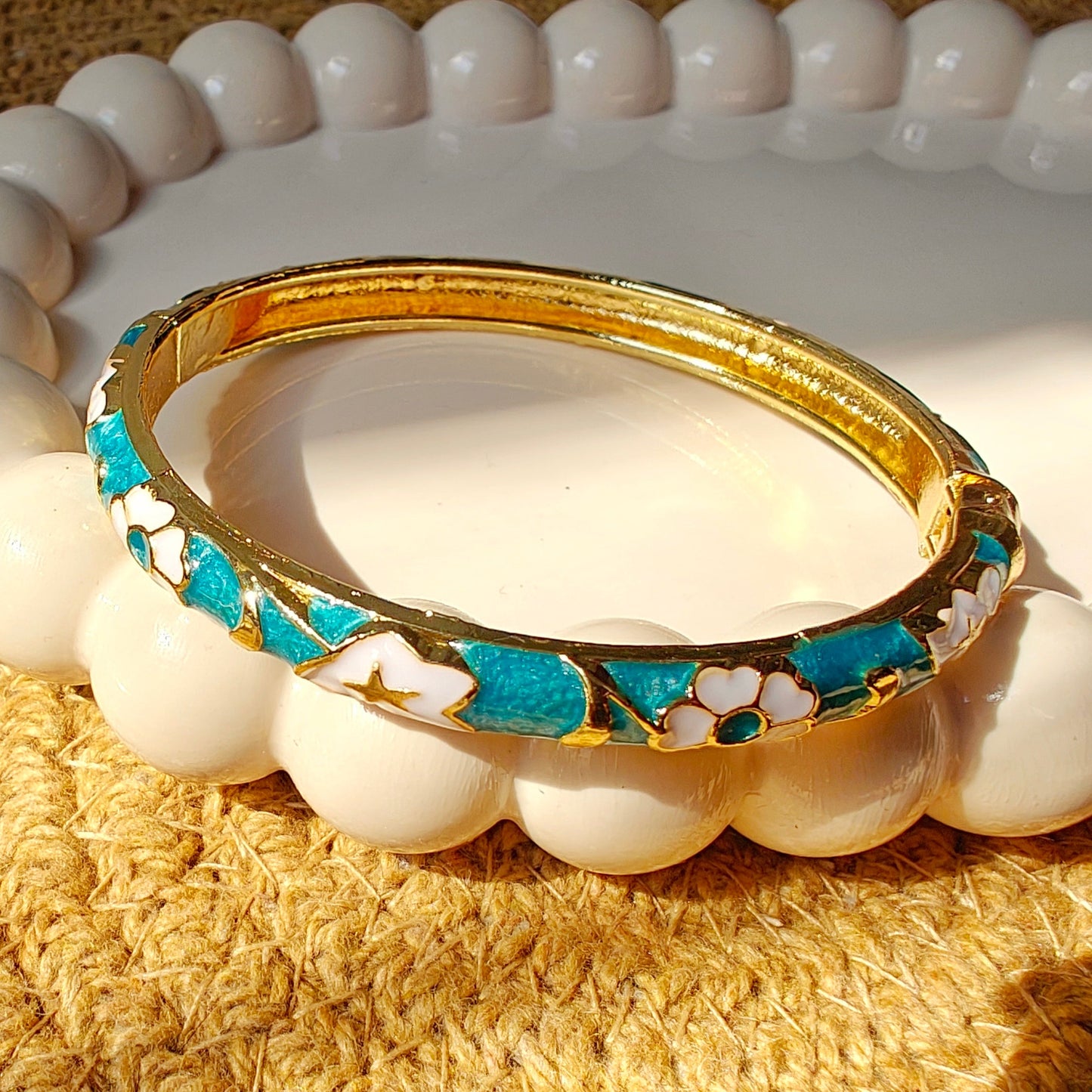 Blue Floral Enamel Bangle for Thin Wrist